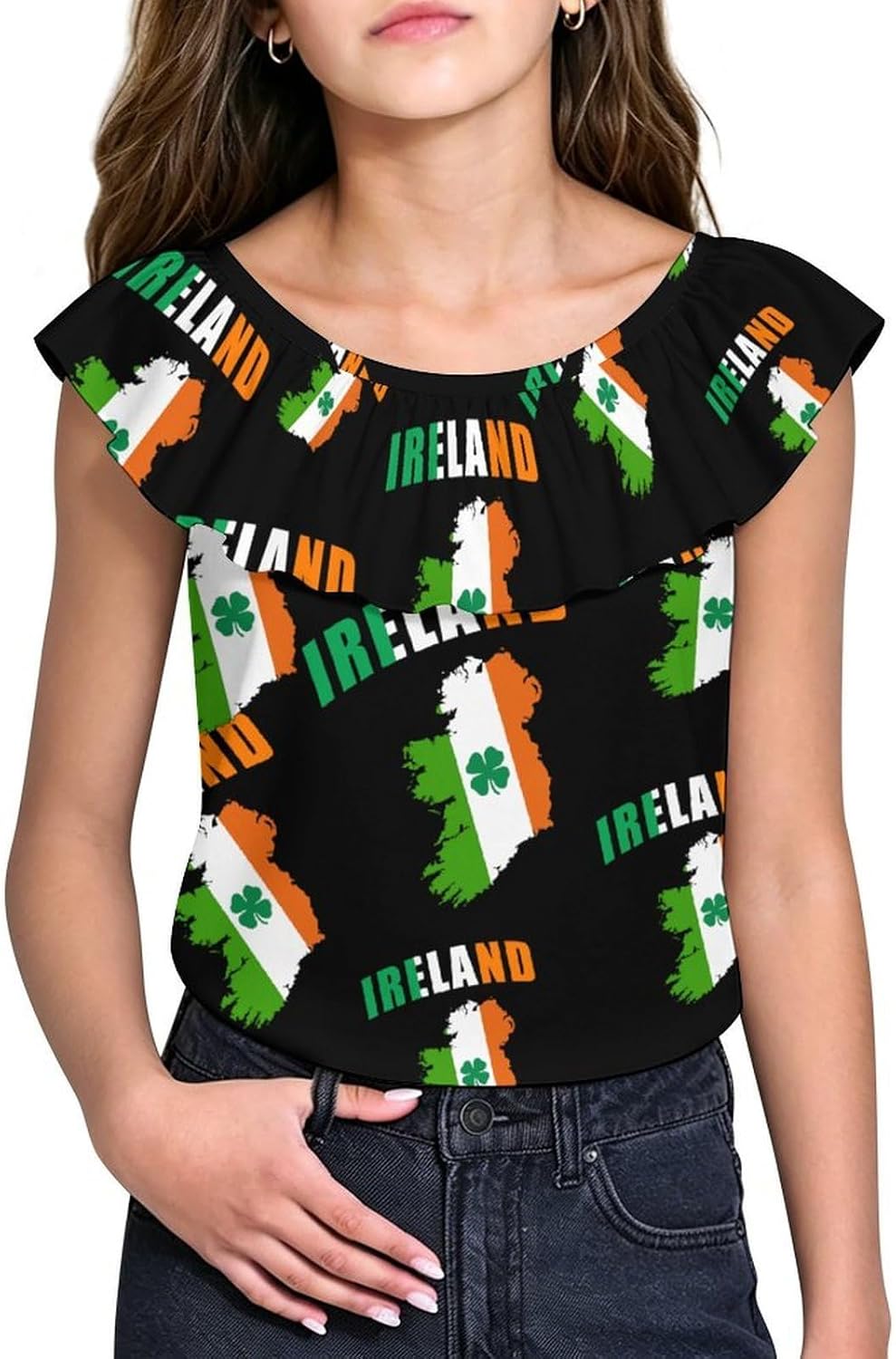 Ireland Map Flag Irish St Patricks Girls T-Shirts Top Ruffle Short Sleeve Blouse Casual Graphic Tees