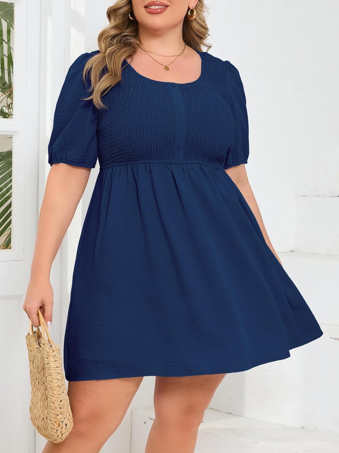 Beautife Women's Plus Size Smocked Summer Dress Casual Button Puff Sleeve Scoop Neck A-Line Beach Mini Dress - Image 2
