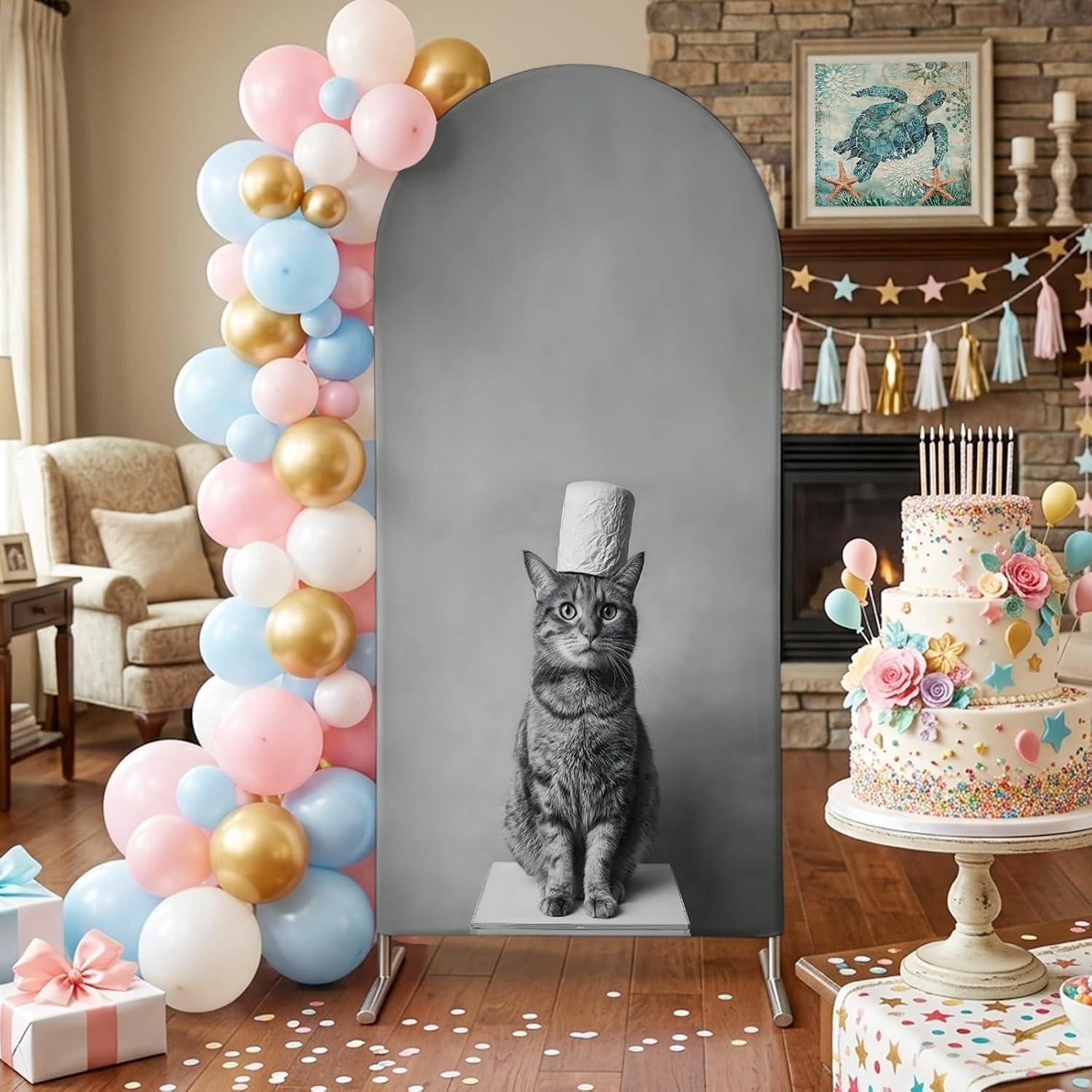 Cat Arch Backdrop Covers 6.6 FT, Toilet Paper Funny Animal Stretchy Fitted Arched Stand Covers Party Arch Stand Cover Photo Booth for Wedding Birthday Decor
