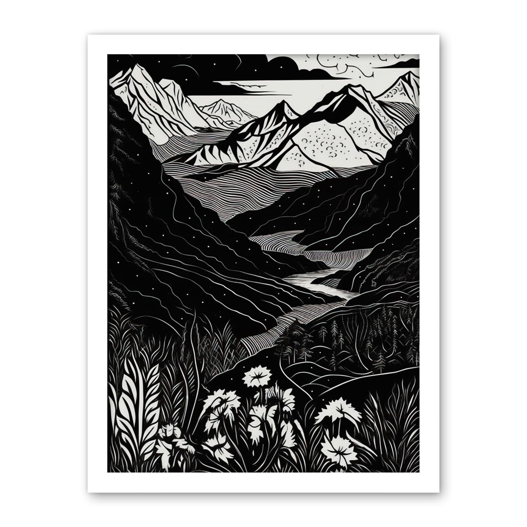 Artery8 Wildflowers in Spring Mountain Landscape Linocut Artwork Framed Wall Art Print 18X24 Inch
