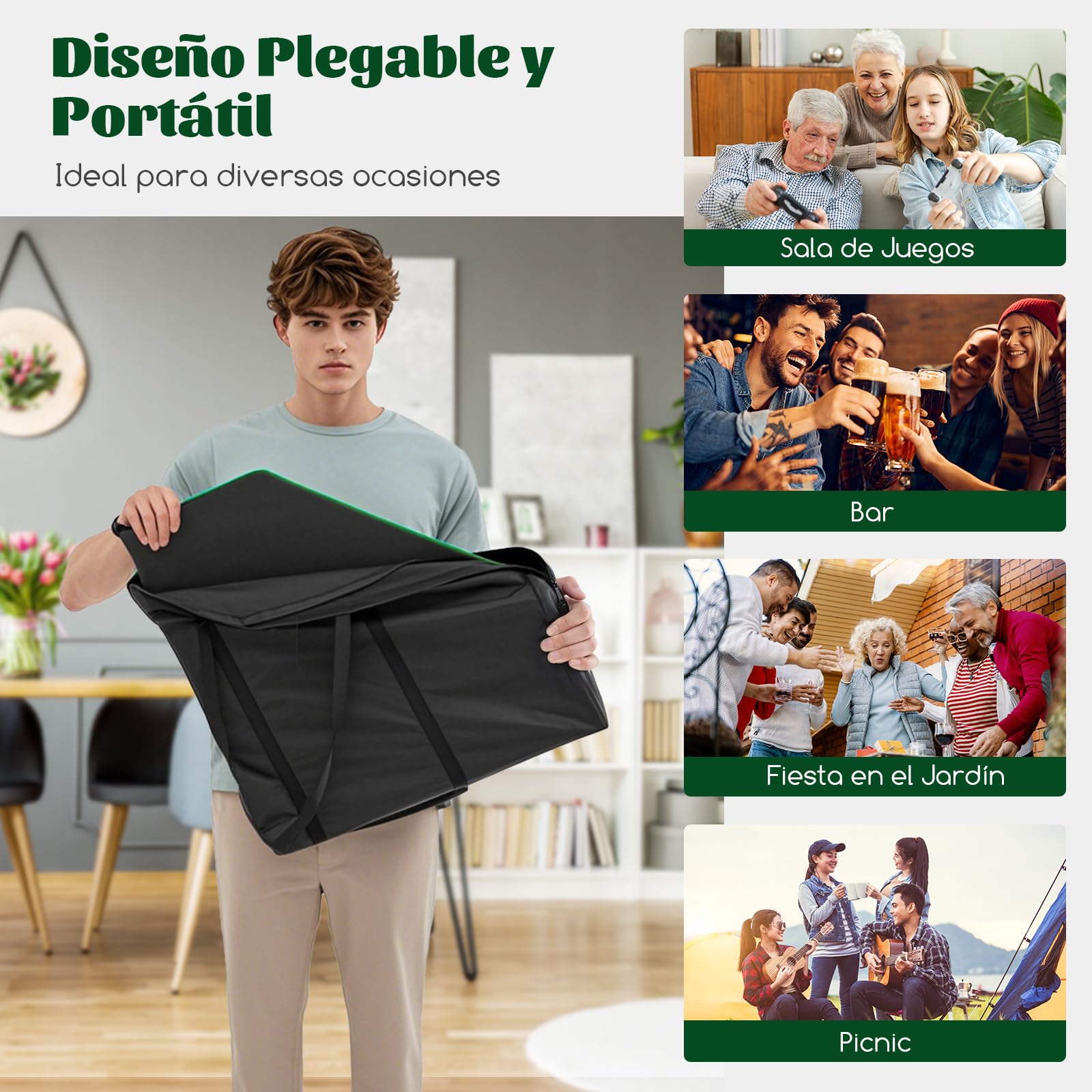COSTWAY Mesa de Póker Plegable para 8 Jugadores, Tablero Portátil con Bolsa de Transporte, Bandejas para Fichas, Tapete de Póker con Alfombrilla Antideslizante para Juegos de Casino y Familia