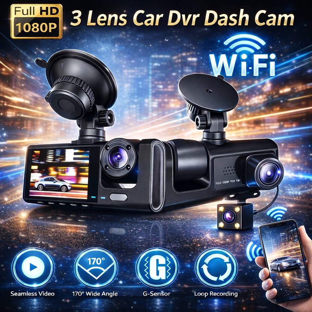 Black Box WiFi Destekli Full HD 1080P 3'lü Araç Kamerası, Ön +…
