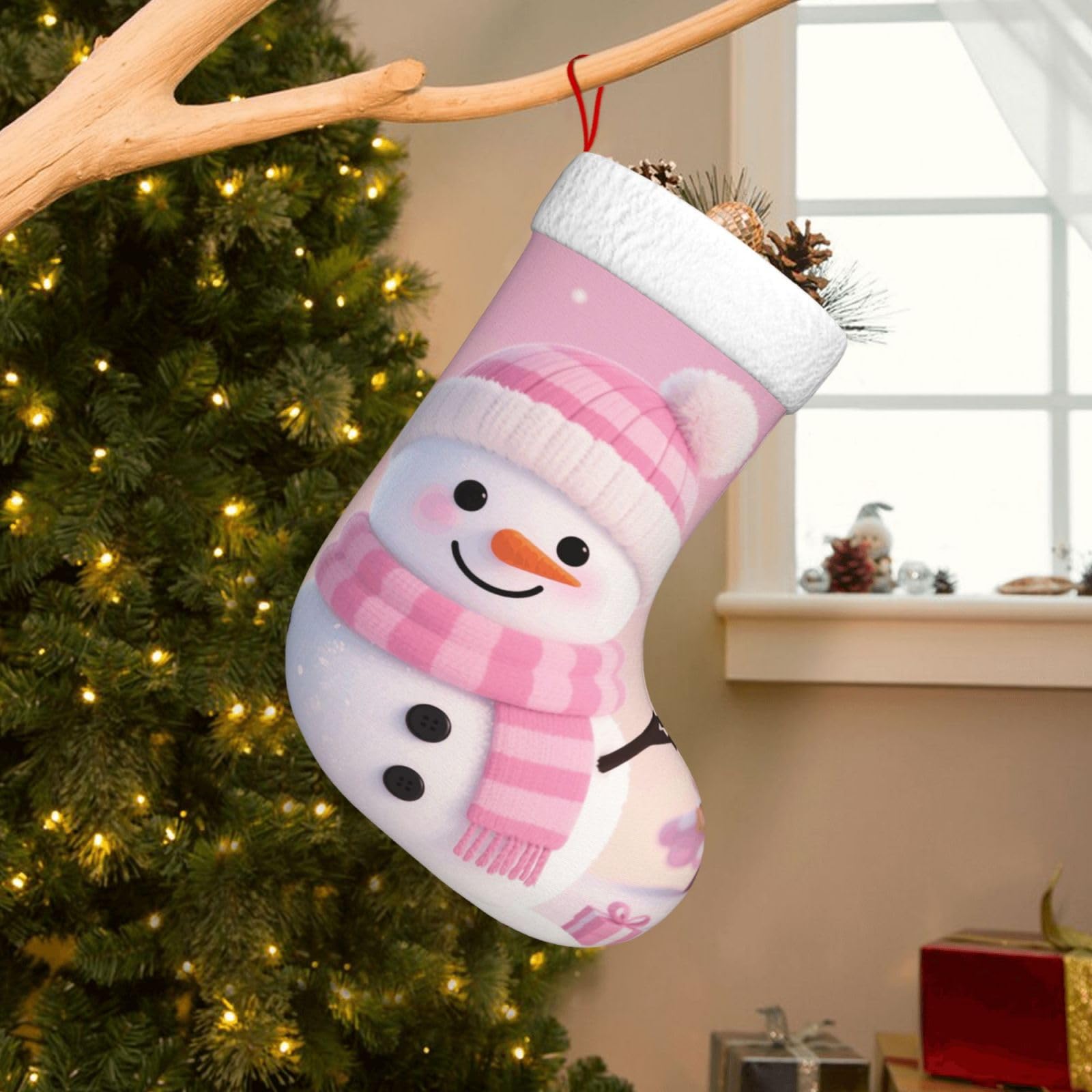 Velvet Christmas Stockings 17.7 Inch, Pink Cute Snowman Xmas Stocking with Soft Cuff,Classic Personalized Christmas Tree Decoration for Family Holiday New Year Party Supplies