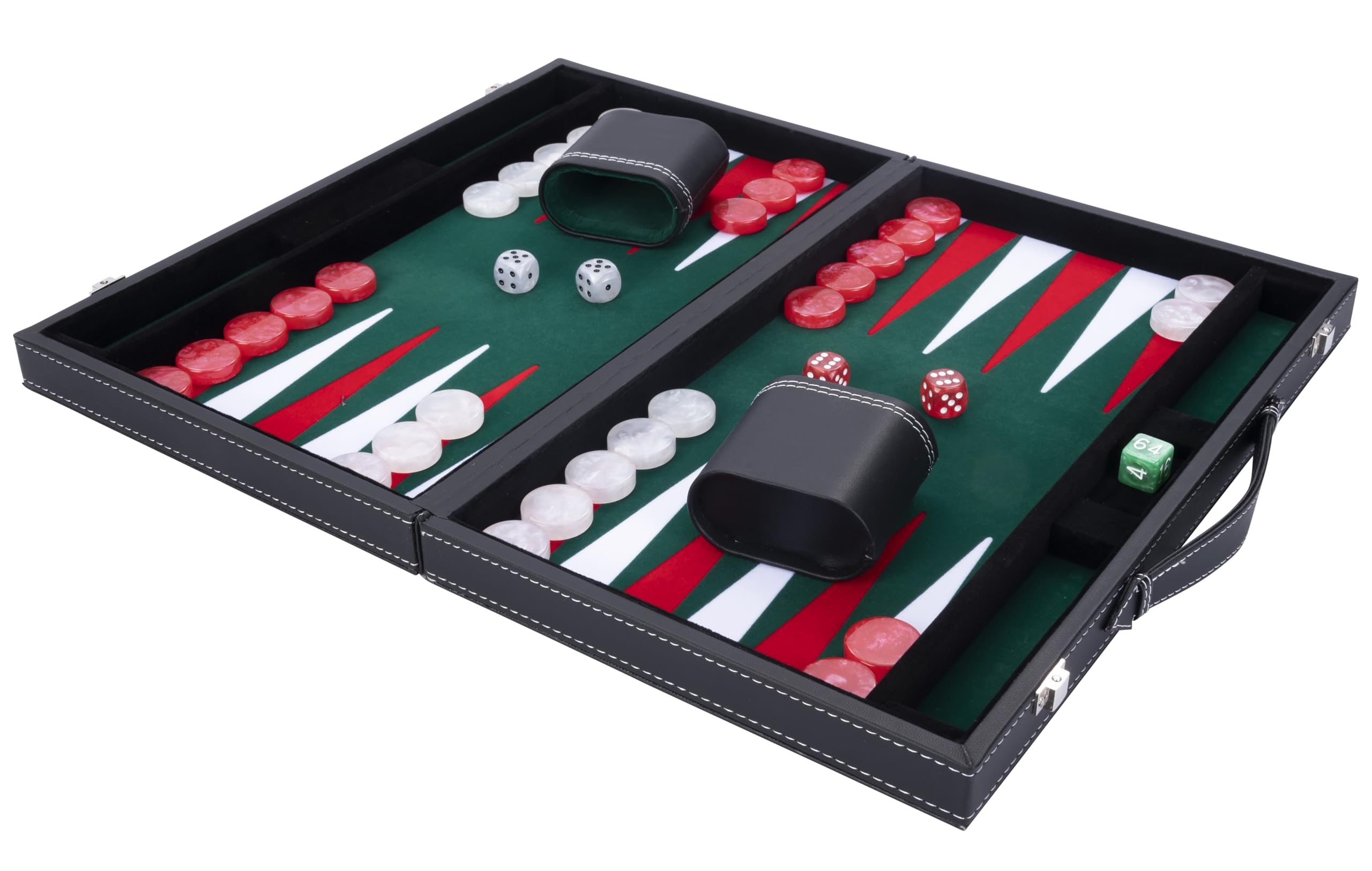 Engelhart - 250508 - Backgammon de Lujo - Verde - 38 cm - 15 Pulgadas - Símil Cuero - Incrustación de Fieltro - Dados y Fichas Nacaradas + 2 Cubiletes - Juego de Estrategia - Juego de Backgammon