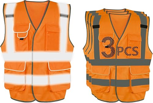 Pomerol Chaleco de seguridad reflectante de alta visibilidad con tira reflectante de alta visibilidad, 6 bolsillos para trabajo, ciclismo,