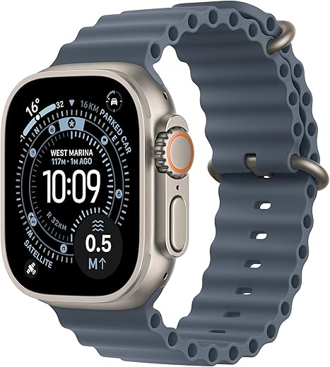 Apple Watch Ultra 3 GPS + Cellular 49mm Premium Running and Multisport Smartwatch with Rugged Natural Titanium Case with Anchor Blue Ocean Band. Advanced Health and Fitness Tracking