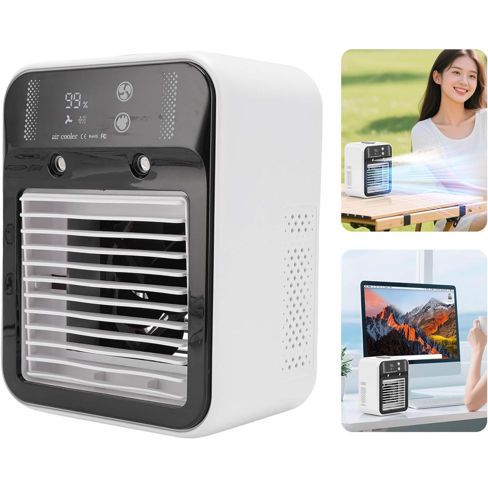 Raffreddatore d'Aria da Tavolo, Piccolo climatizzatore Portatile Ricaricabile Via USB da 3000 mAh con nebulizzazione e Display Digitale, Silenzioso per L'Ufficio e Il Riposo, 2 modalità