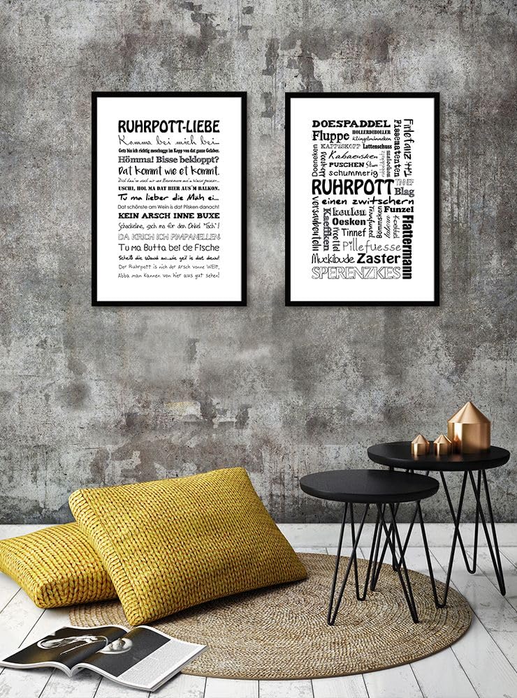artissimo gerahmtes Poster mit Spruch 50x70 cm Ruhrpott Liebe PE6037-ER – Bild mit Rahmen, skandinavisches Sprüchebild, Typografie Wandbild, Kunstdruck Hochformat, Ruhrgebiet schwarz weiß