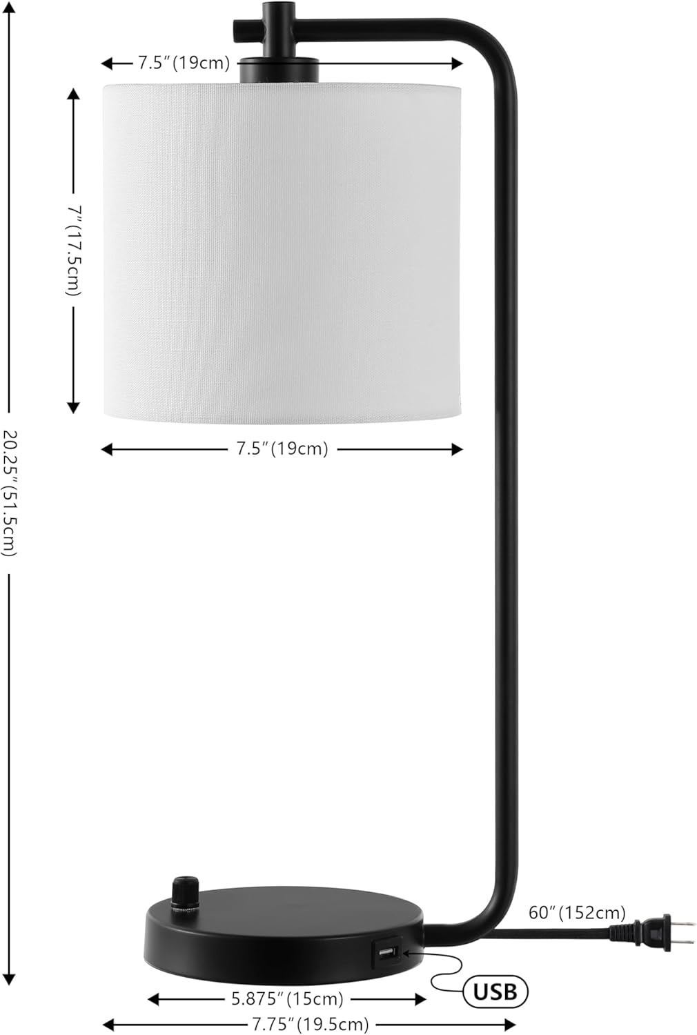 SAFAVIEH Lighting Collection Follett Black/White Drum Shade 20-inch Table Lamp with USB Charging Port, Ideal for Living Room, Bedroom, Nightstand, Home Office, Dorm (LED Bulb Included)