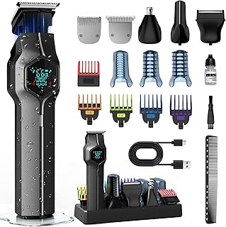 Beard Trimmer for Men, Magnetic Snap-on Replacement Heads & Charging Dock, IPX7 Waterproof Cordless Hair Clippers, Mens Grooming Kits for Mustache/Body/Face/Ear/Nose, Gray