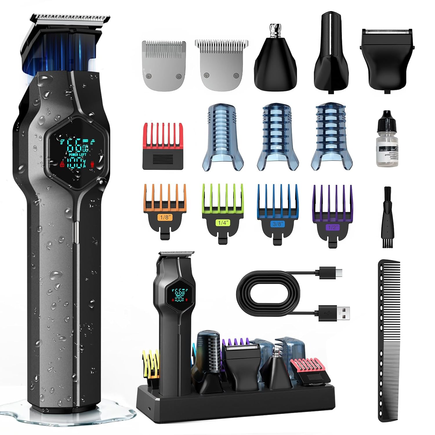 Beard Trimmer for Men Magnetic Snap-on Replacement Heads Charging Dock IPX7 Waterproof Cordless Hair Clippers Mens Grooming Kits