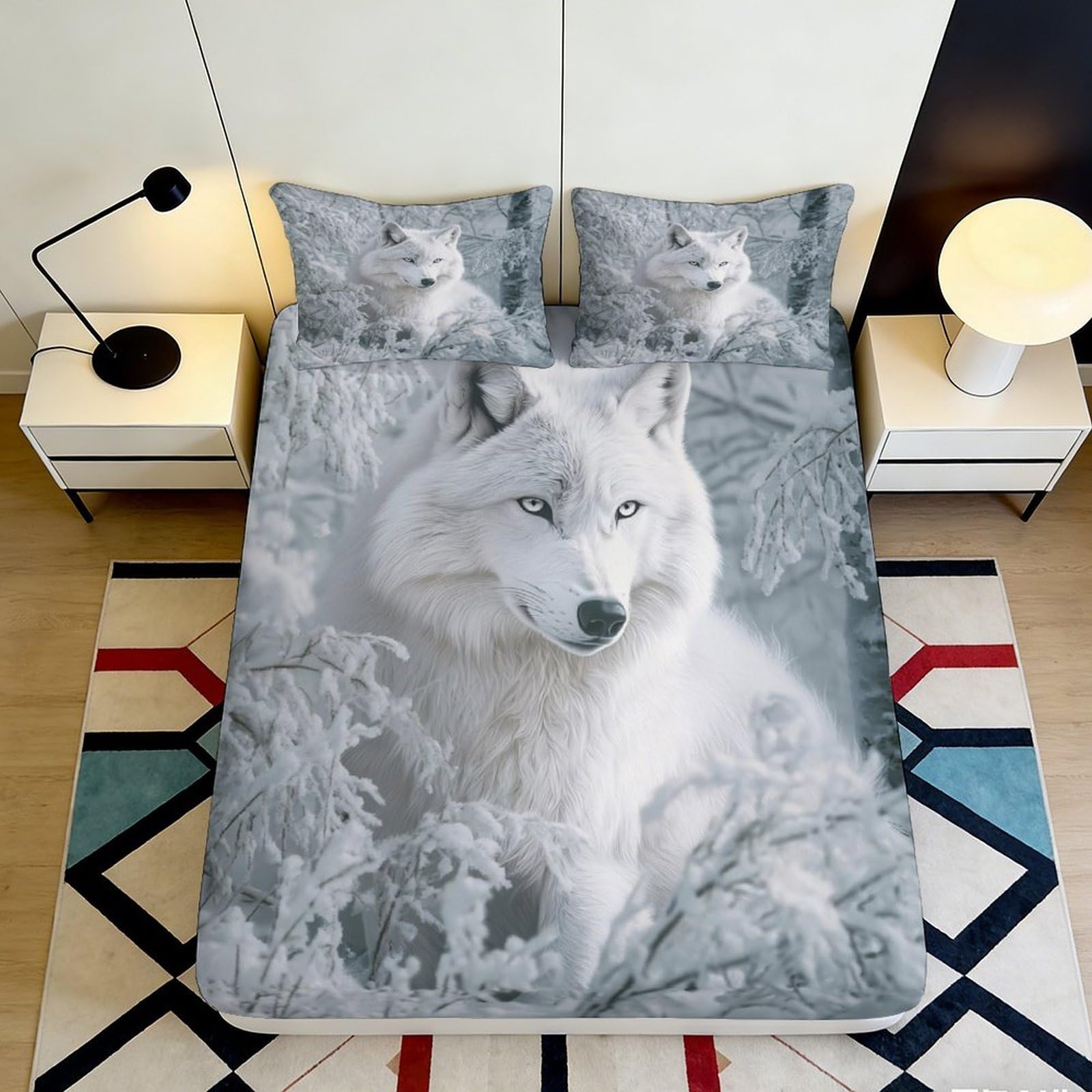3D Printed White Wolf Fitted Sheet Microfiber Soft Anti-Slip Forest Snow Mattress Cover Bedroom Dorm Decor 160x200x25cm