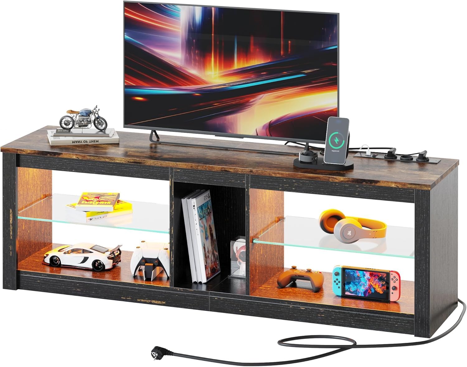 YITAHOME TV Lowboard 160cm Mit LED Beleuchtung - Rustikal Braun Mit Steckdosen