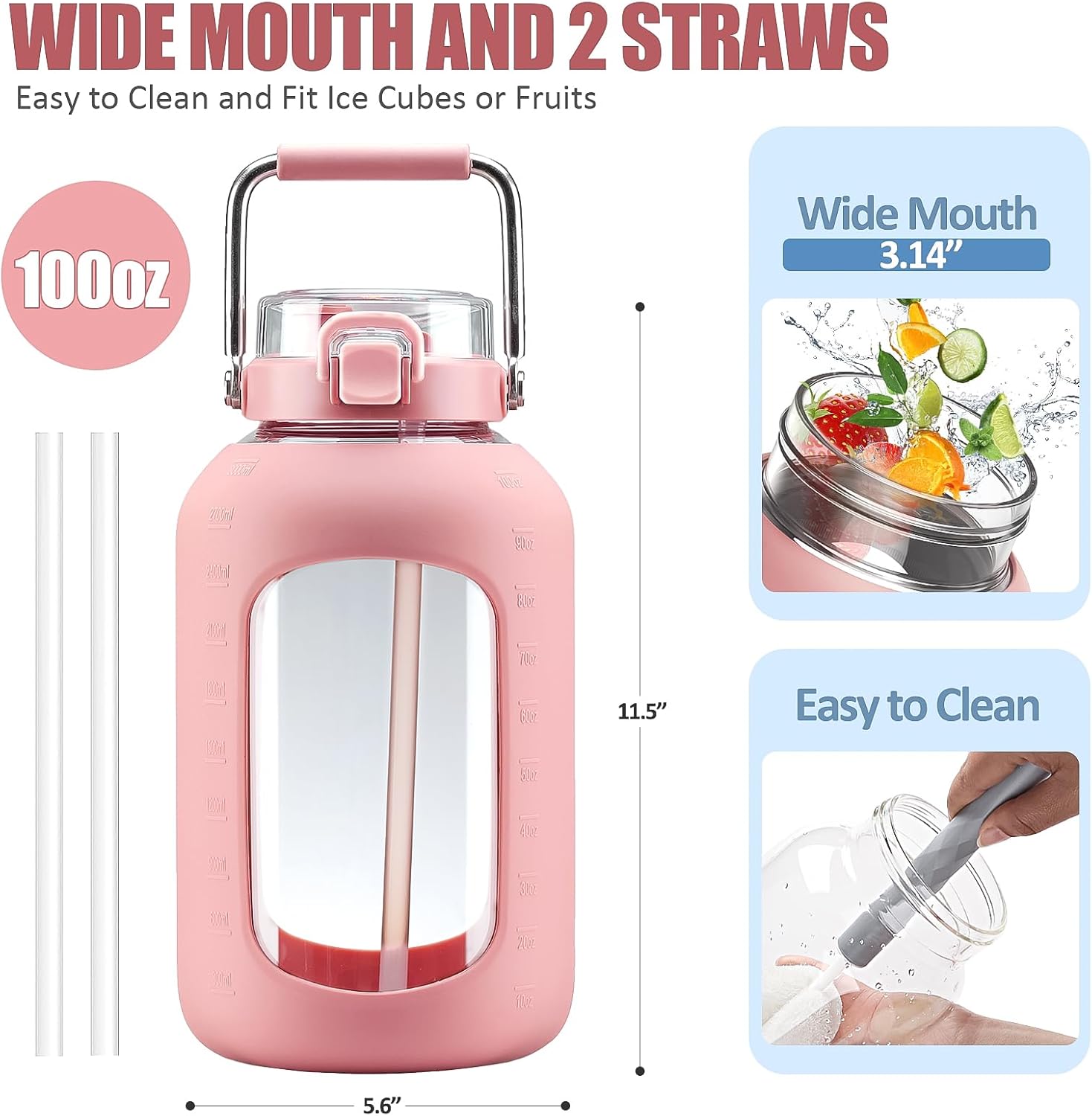 Large Glass Water Bottles with Stainless Steel Handle,100 oz Gallon Drinking Bottle with 2-in-1 Straw Lid,3 Liter Glass Water Jug with Silicone Sleeve,Wide Mouth,Pink - Image 2