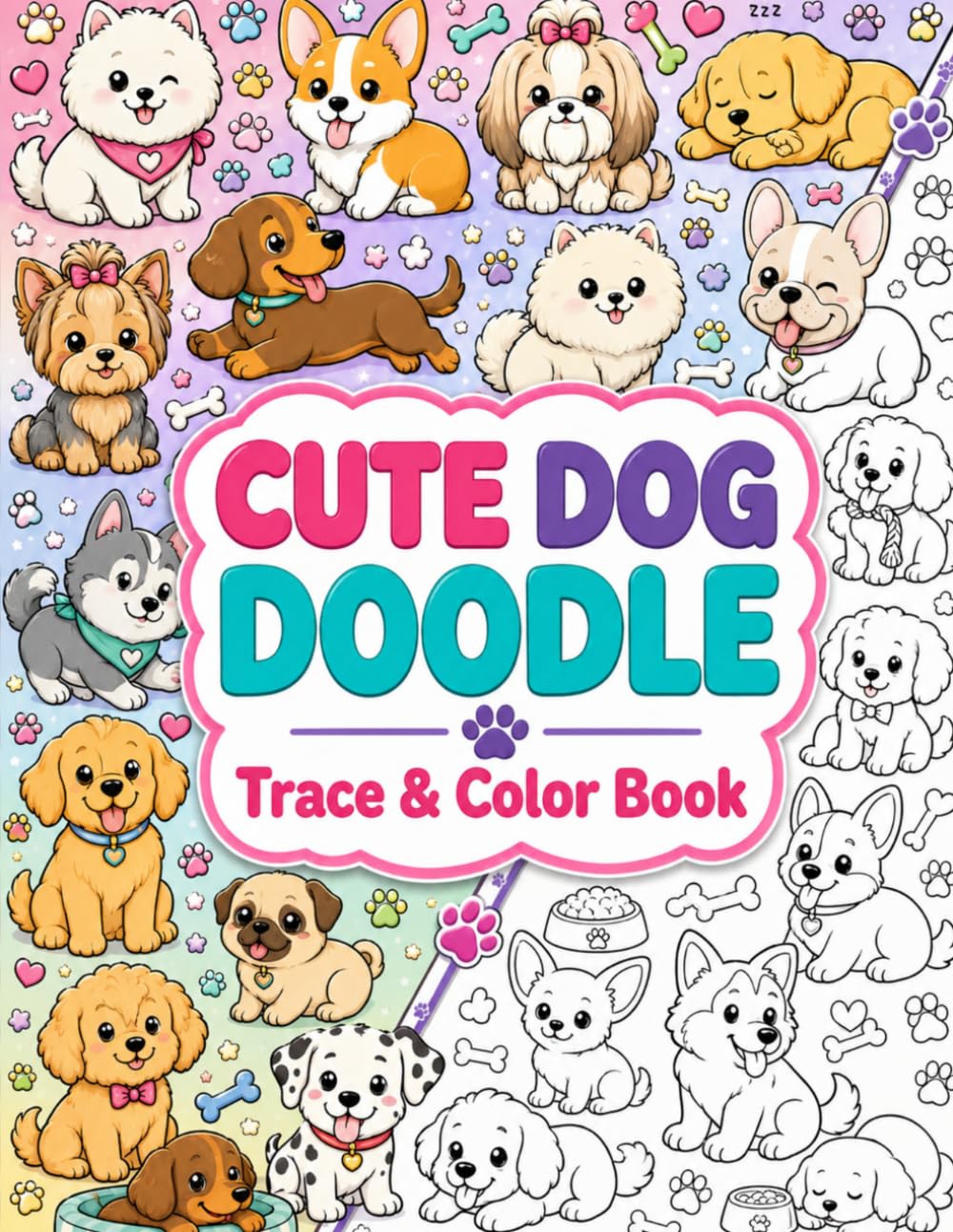 Cute Dog Doodle Trace & Color Book: Kawaii Puppy Life, Cozy Moments, Playful Scenes, and Adorable Dog Doodles for Kids and Teens