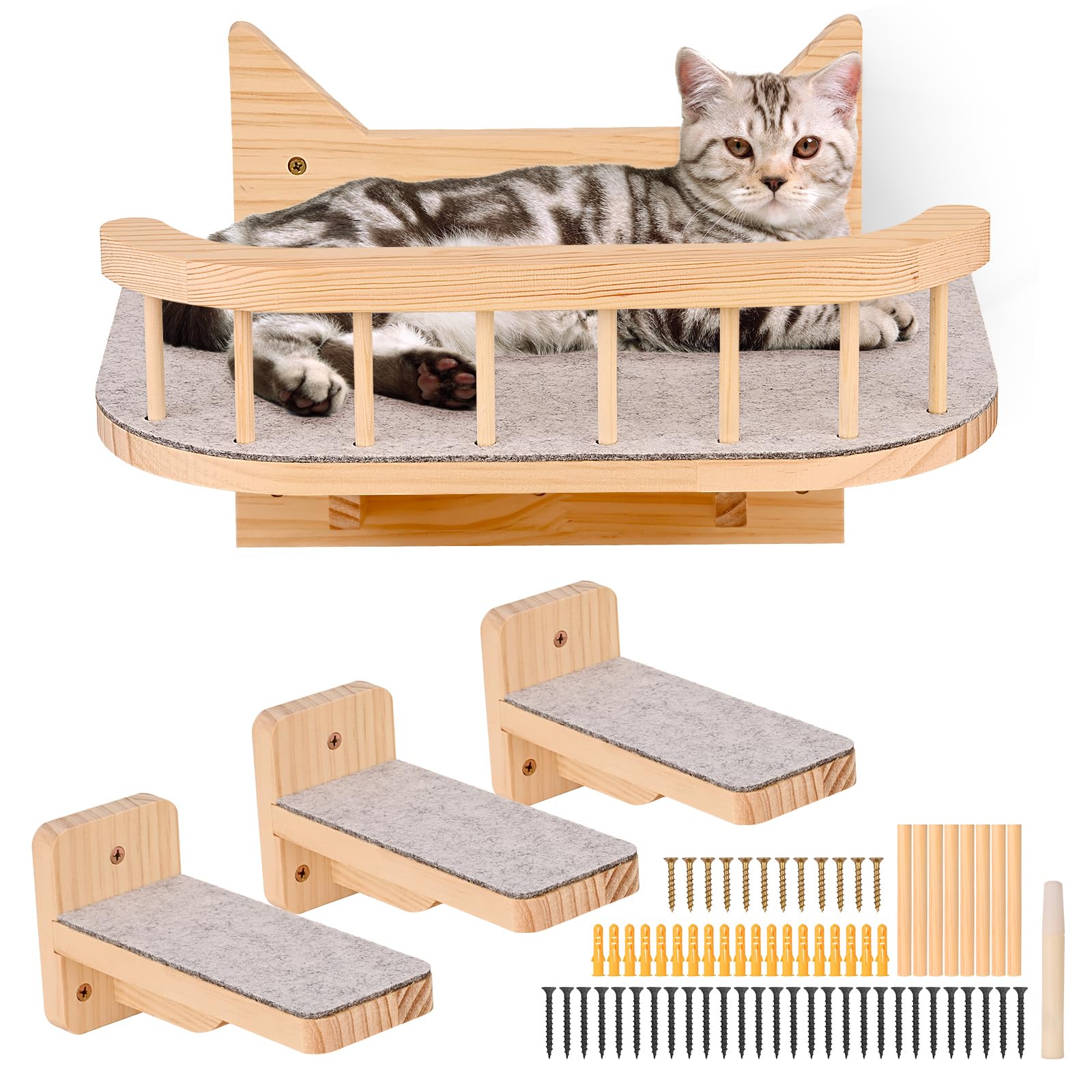 Hamaca de Pared para Gato con 3 Escalones, Mueble de Pared para Gato con Cubierta de Peluche, Rascador para Gato para Jugar, Escalar y Dormir