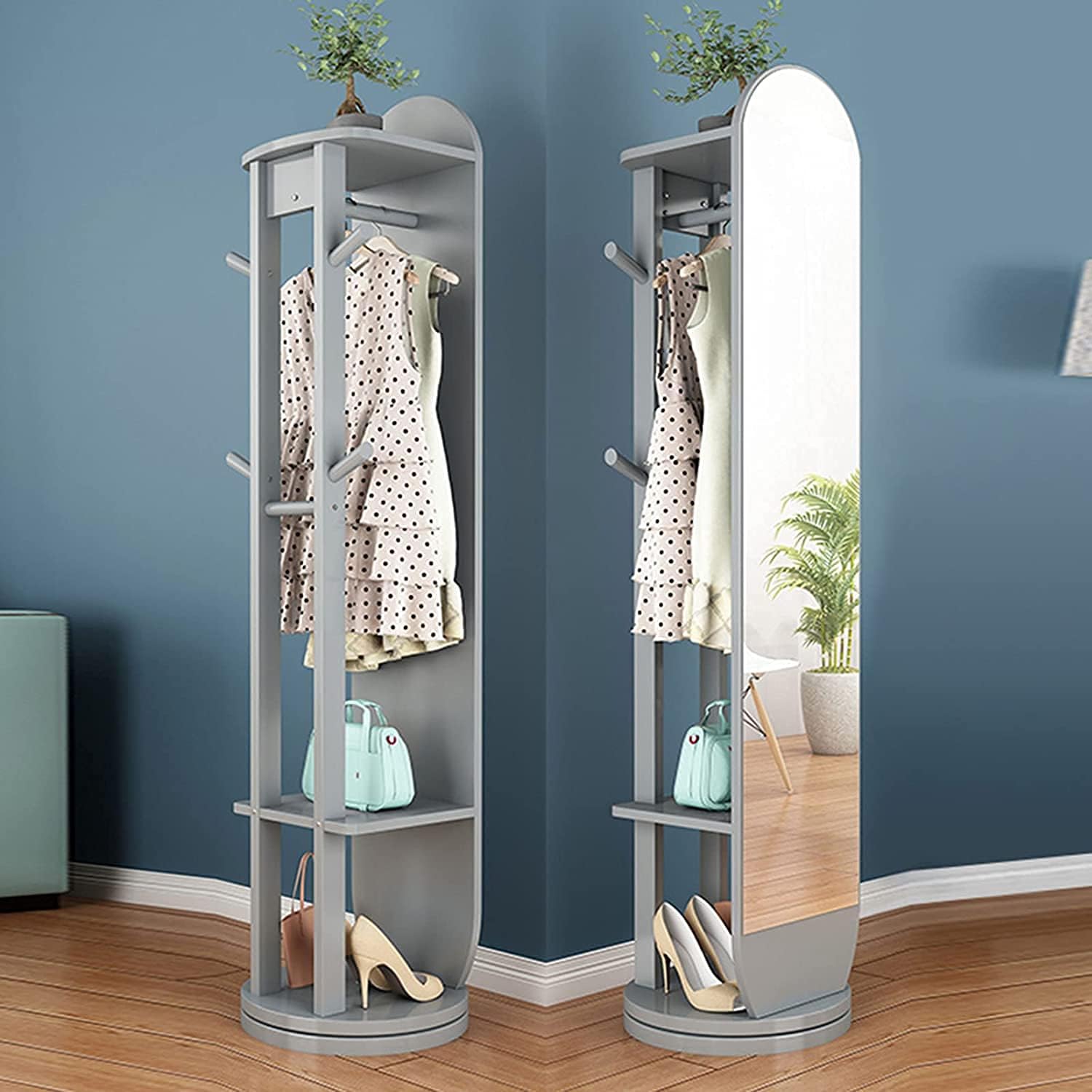 Floor-Standing Solid Wood Rotating Coat Rack，360° Swivel Floor Mirror with Storage Shelf – Gray Standing Garment Coat Rack for Bedroom, Living Room, Fitting Room – Stylish & Functional Cloth