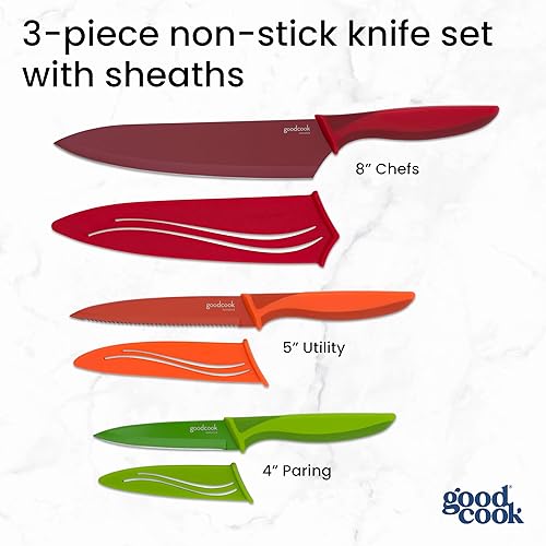 Miniatura 3 de GoodCook Juego de cuchillos de cocina de acero inoxidable de alto carbono con acabado antiadherente, agarres antideslizantes y fundas protectoras,
