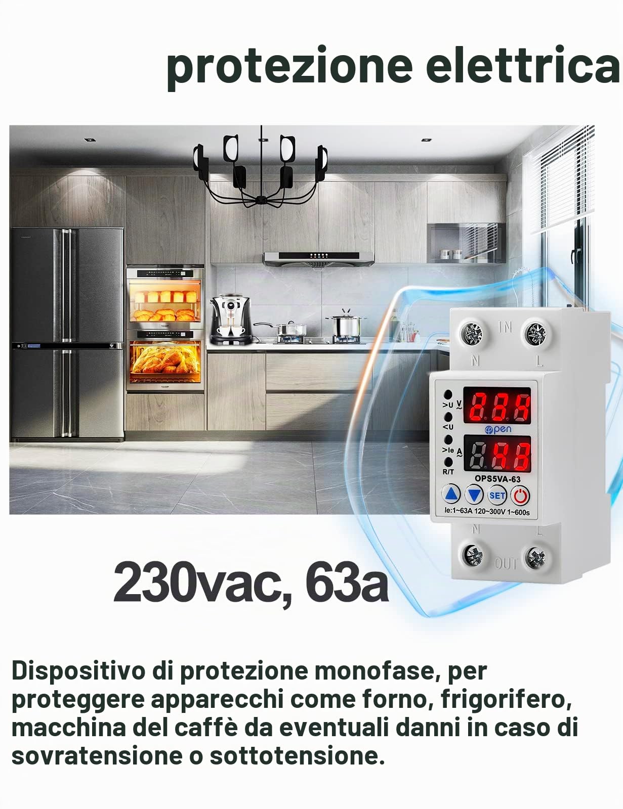Relè Automatico di Protezione Sovratensione 230VAC 63a,Protettore di corrente di tensione Monofase,Recupero della Tensione Guida Din