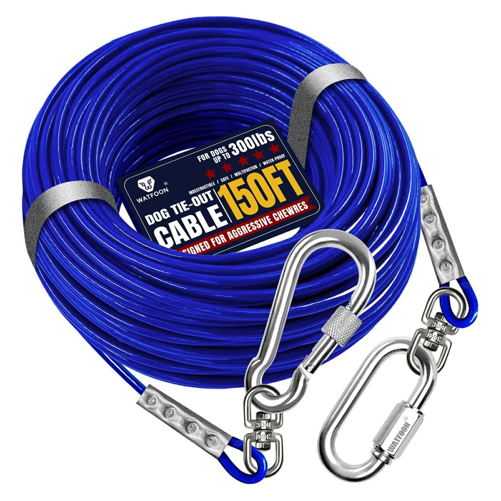Tie Out Cable for Dogs Up to 300lbs,150ft Extra Strong 1000lbs Break Strength Tie-Out Tether Trolley Training Lead,Dog Run Cable for Yard Garden Park Camping Outside (Blue, 300lbs 150ft) — image 1