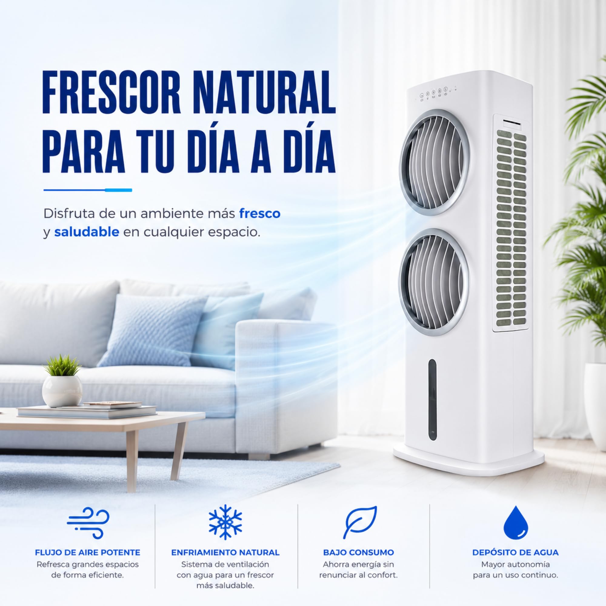 Climatizador Evaporativo VONALA SMALL-DUO – Enfriador de Aire Portátil con Doble Ventilador, Depósito 9L, 5 Velocidades, Mando a Distancia, 90W, Portátil