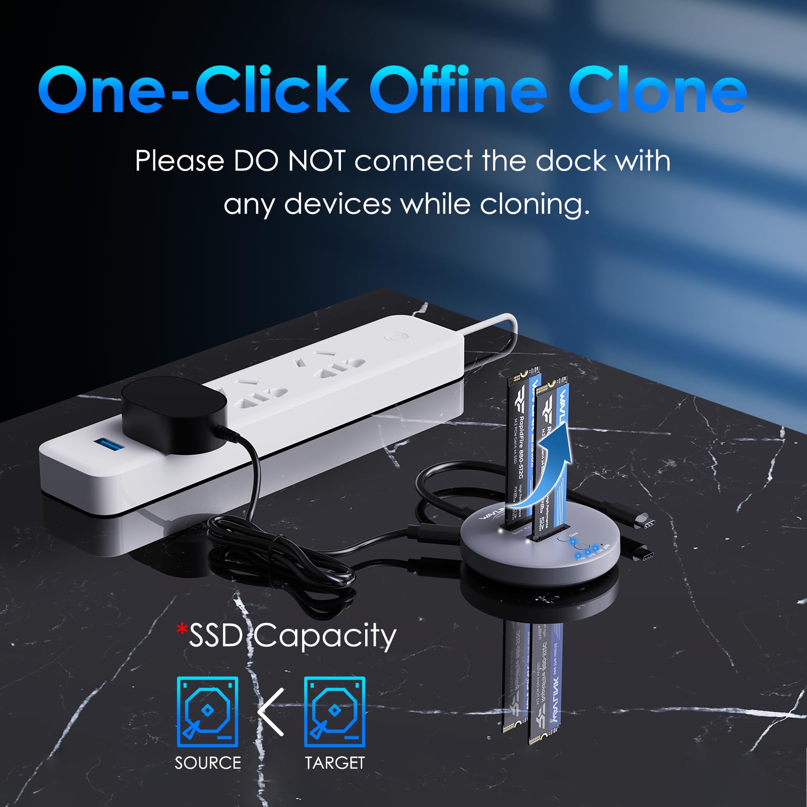 WAVLINK M.2 NVMe SSD Cloner, 10G Dual-Bay NVMe to USB-C/A Docking Station, Supports One-Click Offline-Clone, 2x8TB Capacity, UASP, Tool&Driver-Free, Design for SSDs in Size 2230/2242/2260/2280/22110