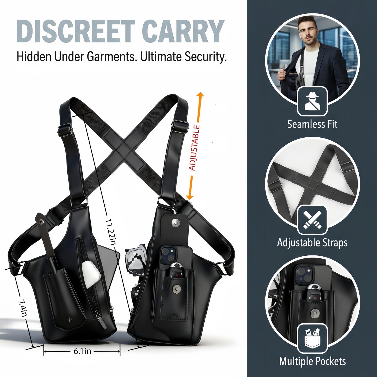 Sac à bandoulière double pour homme et femme en cuir de qualité supérieure réglable avec deux poches