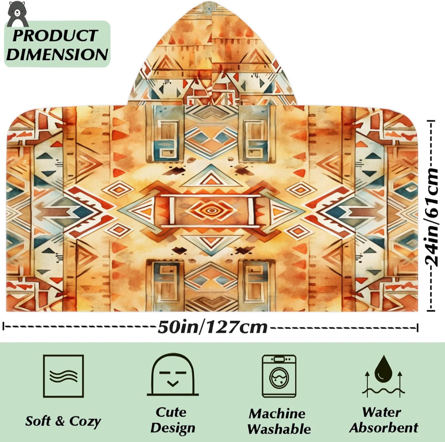 Ethnic Print Patterns Hooded Towels for Kids Absorbent Soft Pool Swim Beach Bath Towel for Boys Girls, 24 in x 50 in