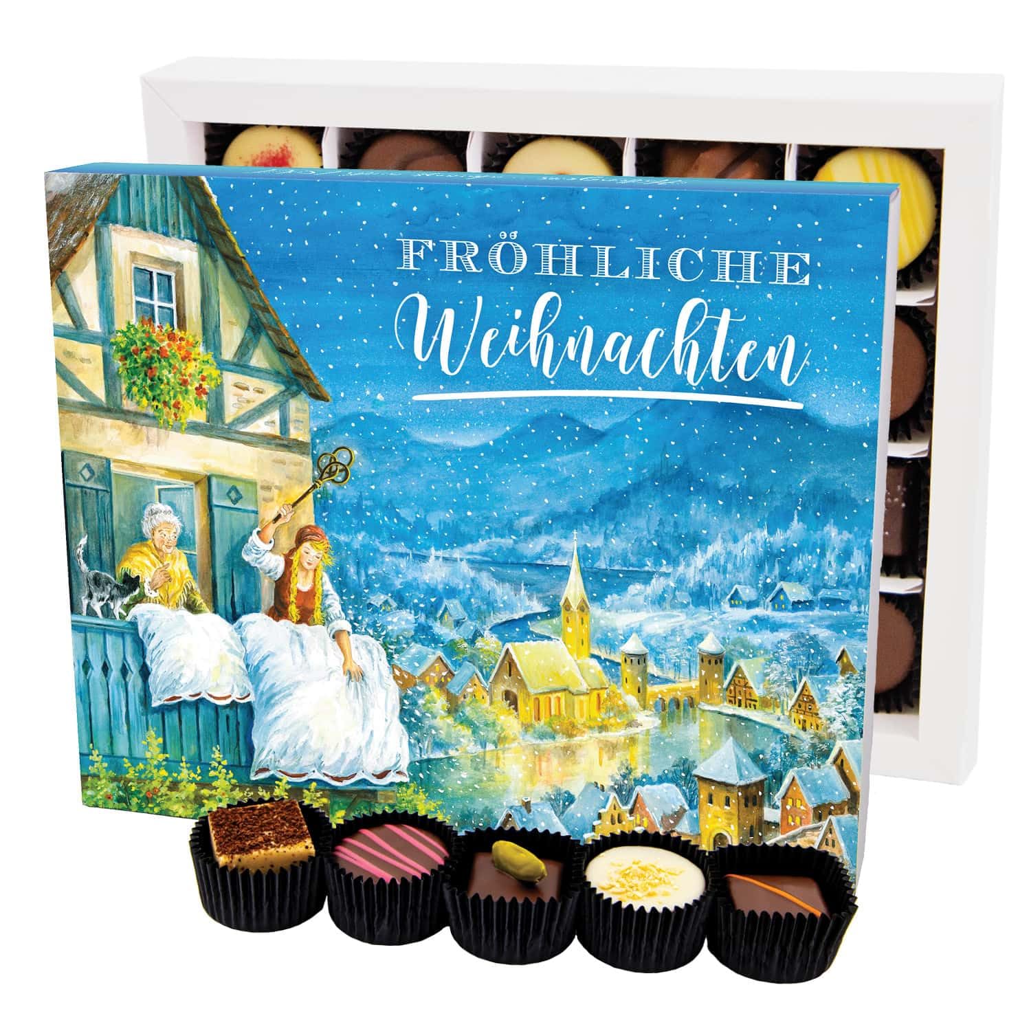Hallingers Genuss Manufaktur Pralinen Weihnachts-Geschenk - ohne Alkohol, handmade aus Confiserie-Edelkakao in wertiger XL-Geschenkbox "Fröhliche Weihn...", Weihnachten für Frauen Männer
