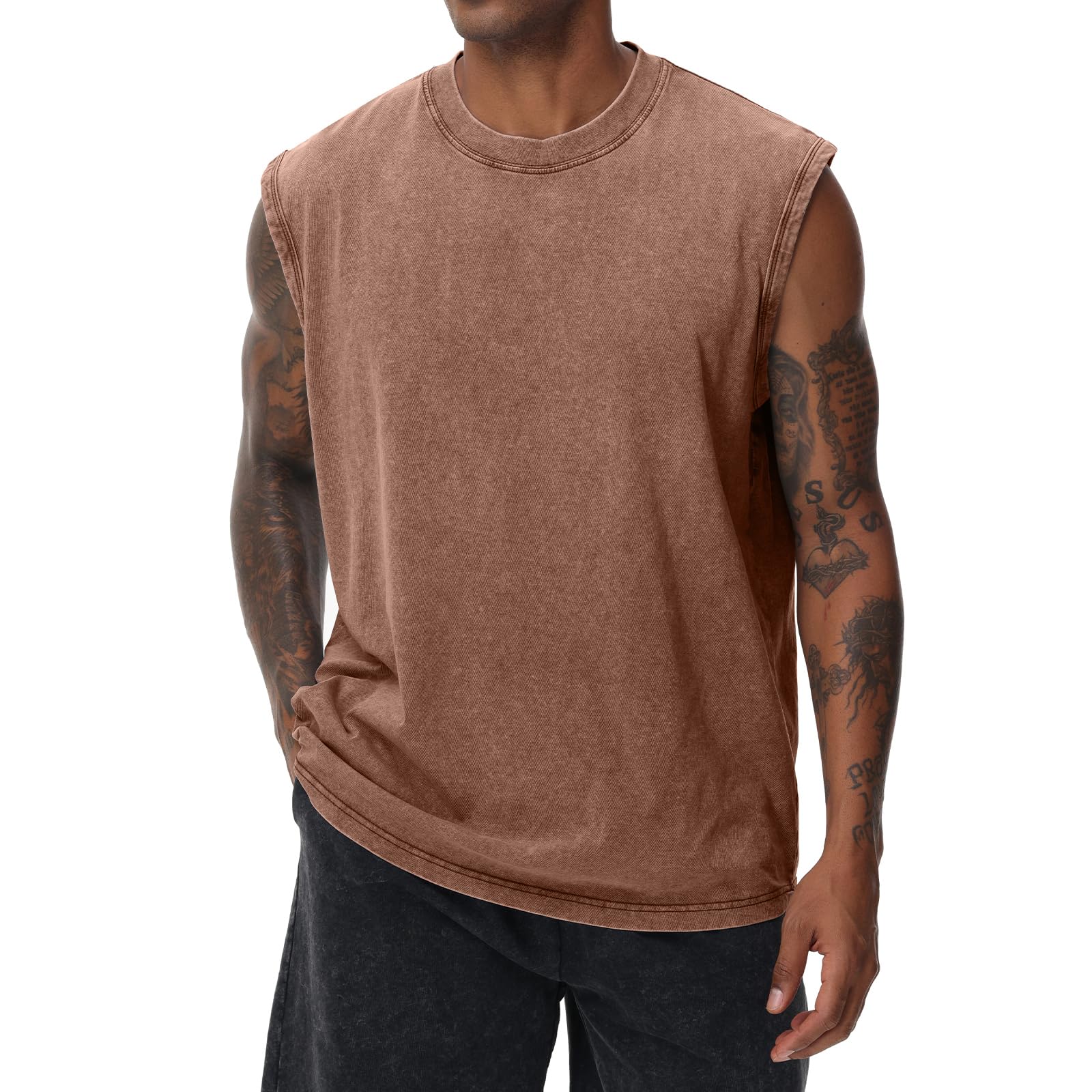Herren Kurzarm Sommer Ärmelloses Shirt, Männer Fitness ärmellos Weste, Washed Sleeveless t-Shirt, Workout, Fitnessstudio, Baumwolle