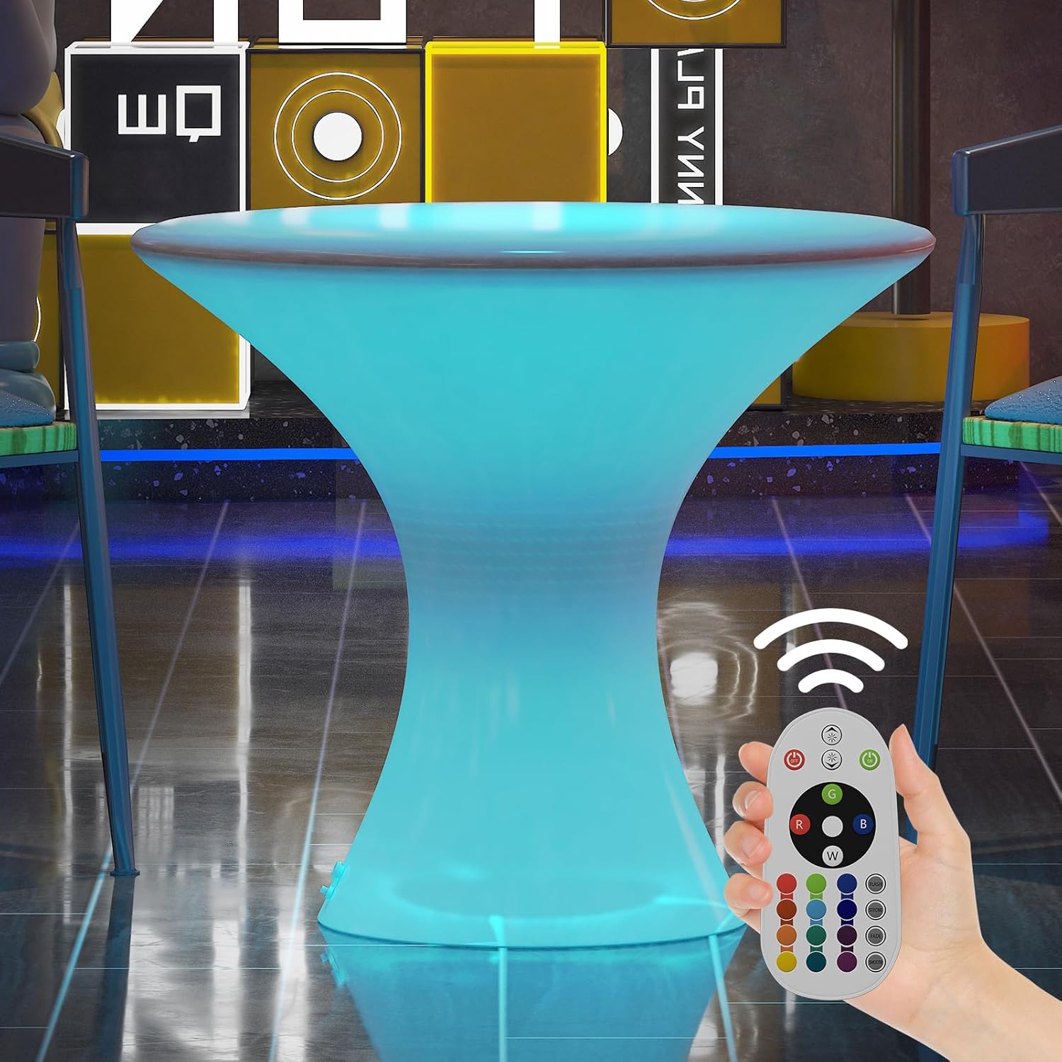 CECER 18" LED Cocktail Table，Rechargeable Light Up Furniture with Remote, 16 RGB Colors Changing Coffee Table，Waterproof Luminous Table for Party，Bar-Hourglass