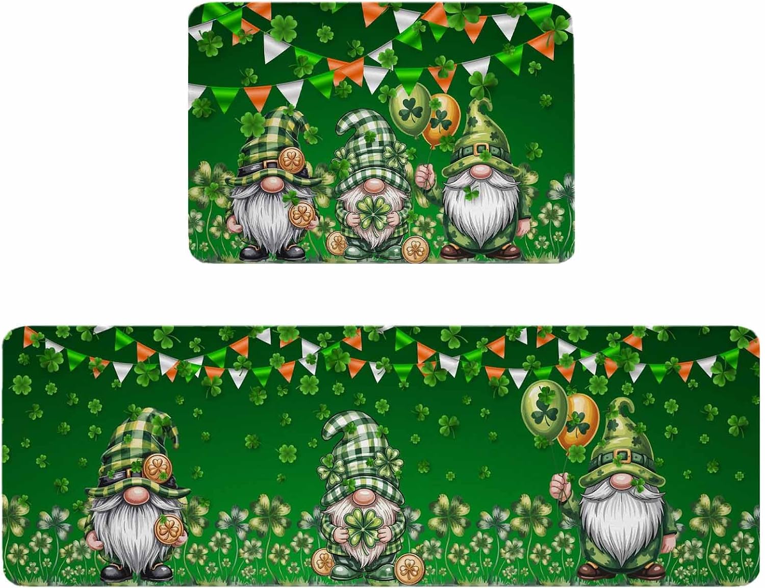 St. Patrick's Day Kitchen Rugs and Mats Set of 2, Non-Slip Kitchen Sink Mat, Spring Shamrock Gnomes Balloons Flag Green Washable Doormat Bathroom Rugs Runner for Bedroom 15.7"x23.6"+15.7"x47.2"