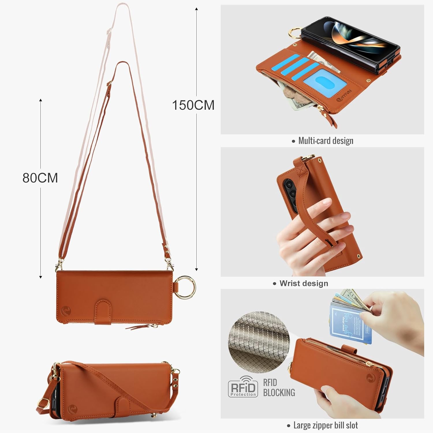 for Samsung Galaxy Z Fold 4 Case Wallet with RFID Blocking Card Holder and Shoulder Strap Wrist Strap, Multi-Function Stylish Ring Zipper Purse Case for Galaxy Z Fold 4, Brown