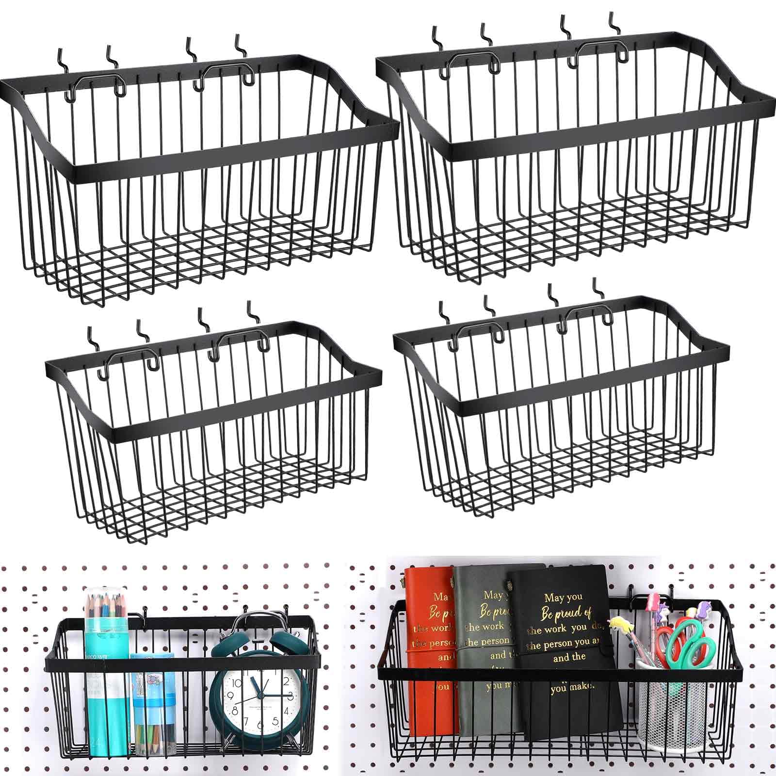 4 Pieces Pegboard Baskets Bins Set Metal Wire Shelves with 8 Peg Board Hooks Pegboard Wall Organizer Pegboard Screwdriver Holder Pegboard Accessories for Garage Workbench Attachments, Black