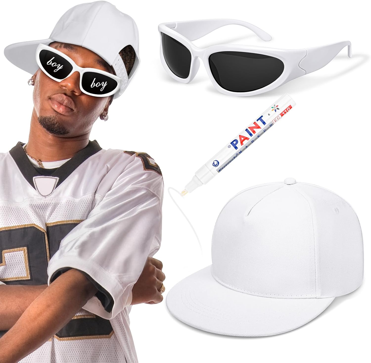2000s Hip Hop Costume Kit - Rapper Glasses, Rapper Cap & Y2K Sunglasses for 80s 90s Men Women Outfits