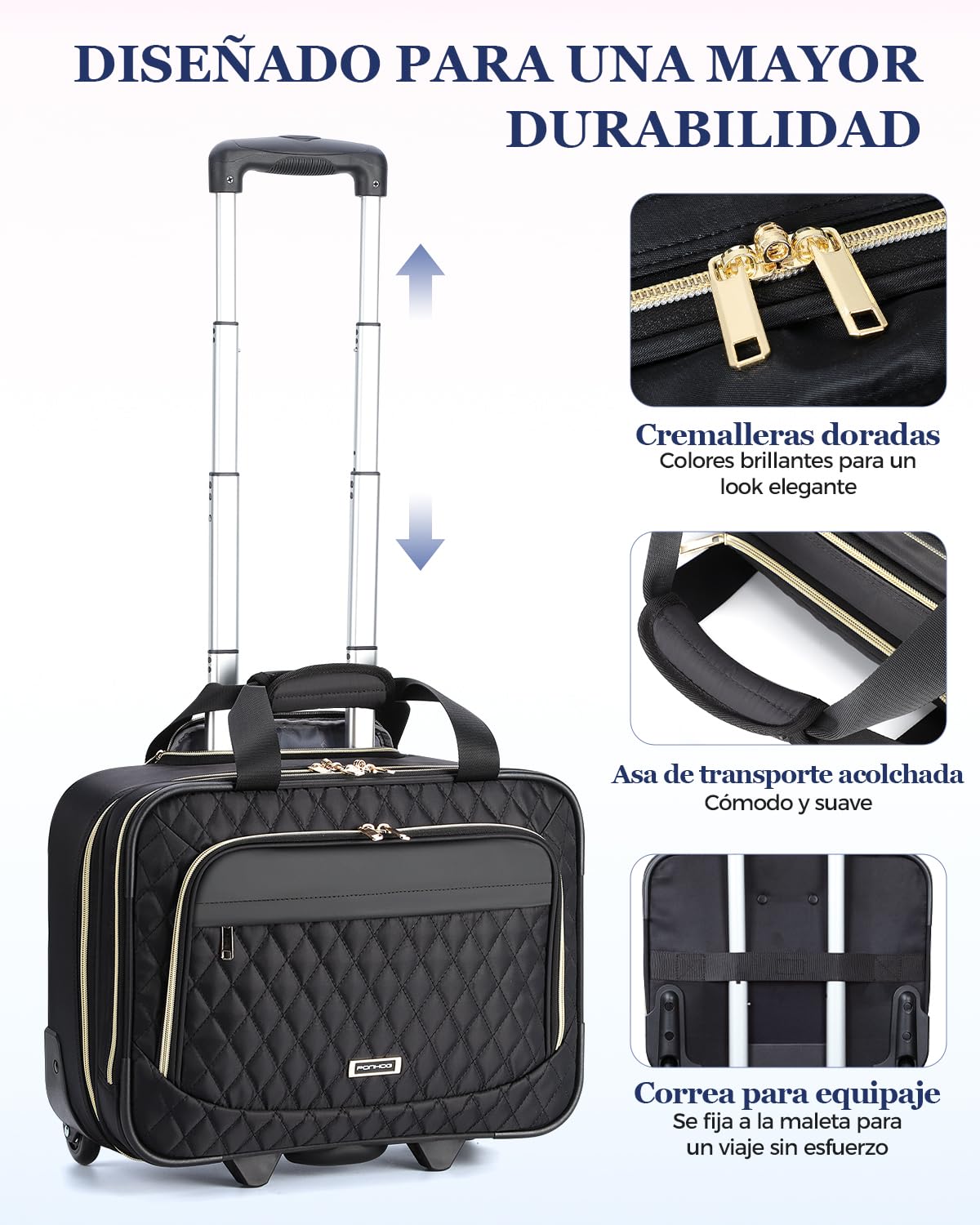Ponhog Maletin con Ruedas Portatil 15,6 Pulgadas para Mujer, Impermeable Laptoptasche mit Rollen para Negocios, Viajes, Escuela, Negro
