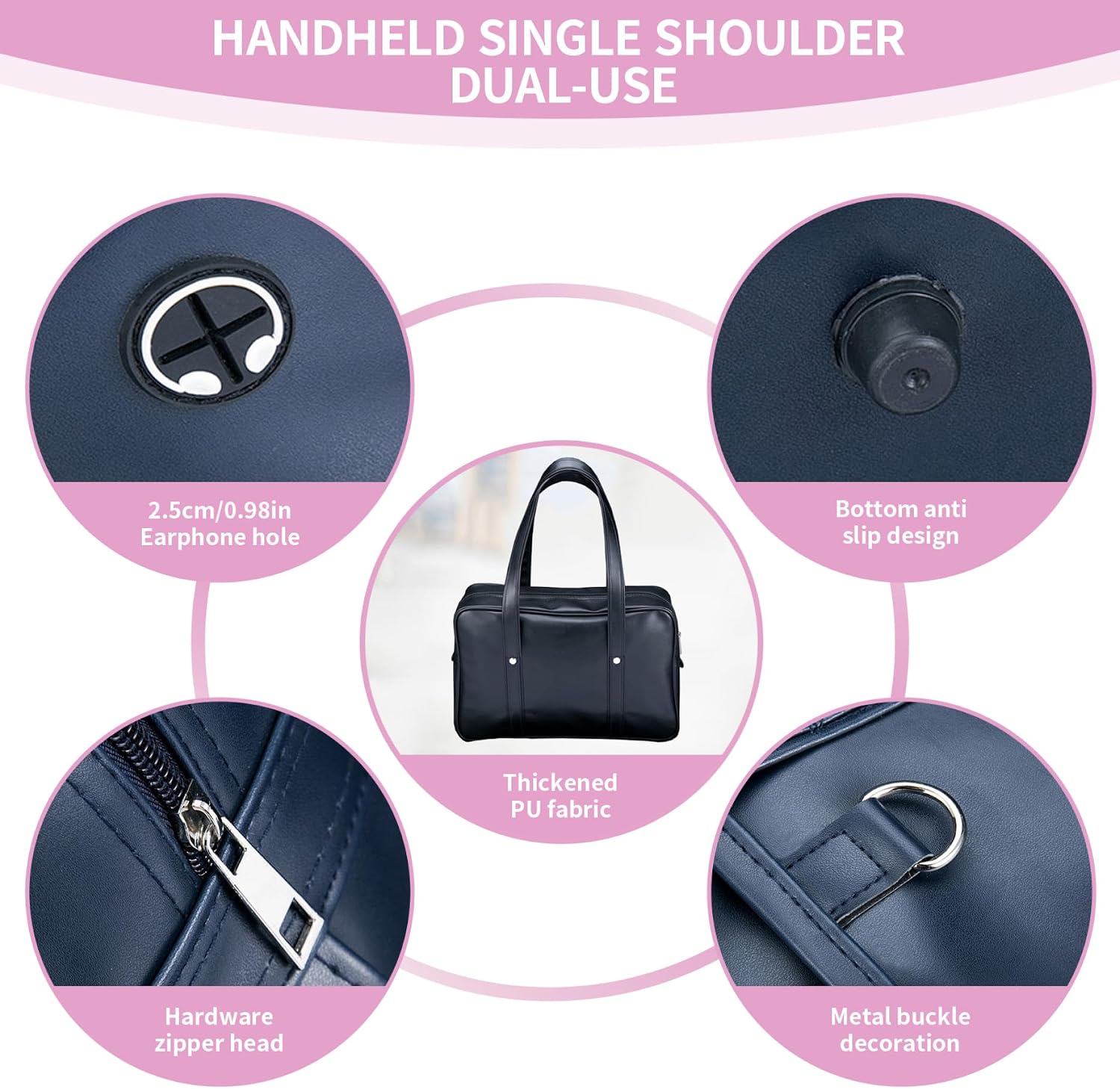 Japanese School Bag Large Capacity PU Leather Japanese Bag with Multi-pocket Zipper School Handbag with Headphone Cable Hole Portable Shoulder Kawaii Handbag for Girls ;1