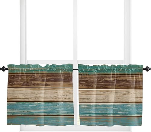 Juego de 2 paneles de cortina para ventana de 36 pulgadas de largo, color turquesa y retro, cortinas de cocina con bolsillo para barra, cortinas de