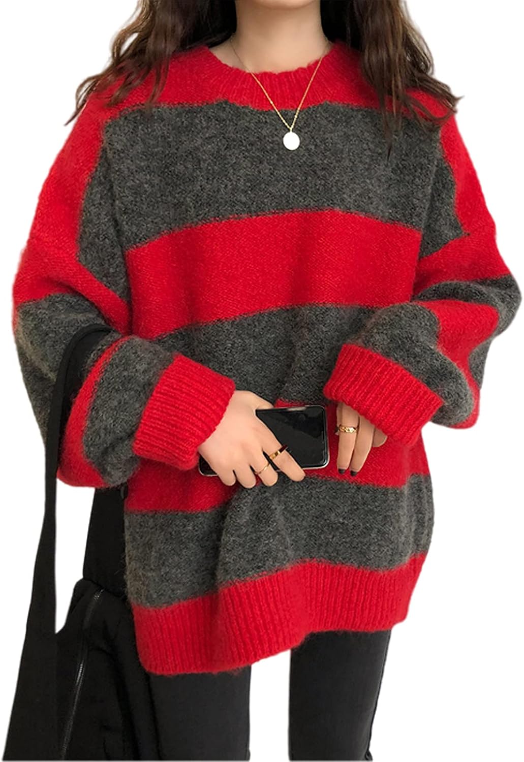 Women Vintage Striped Sweater Knitted Long Sleeve Loose Oversized Pullover Jumper Tops
