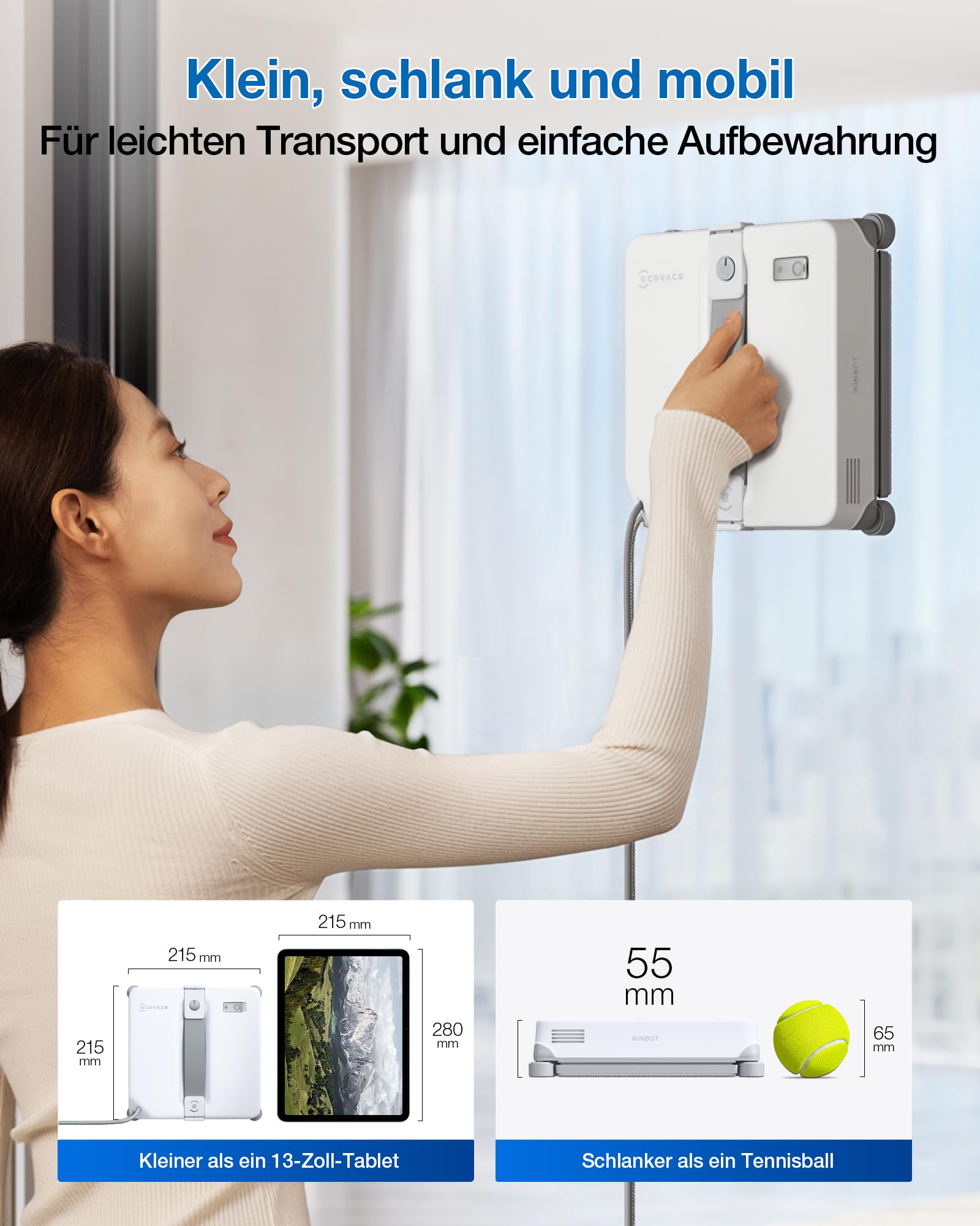ECOVACS WINBOT Mini 2 Fensterputzroboter mit Eckbürsten & Ultraschallzerstäubung, Ultraschlank & Leicht für Schmale Fenster, Smarte Navigation, 6 App-Modi, 10-Stufiges Sicherheitssystem