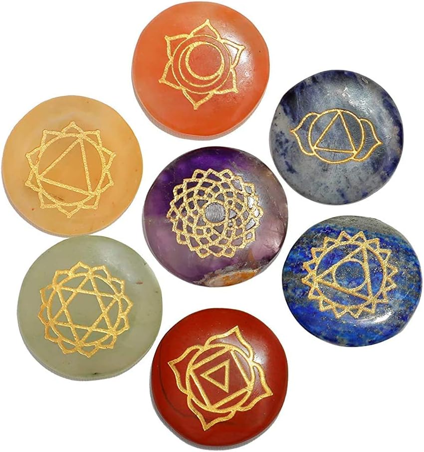 Royal sapphire Chakra Stones-Reiki Healing Crystal with Engraved Chakra Symbols Holistic Balancing Polished Palm Stones Set of 7