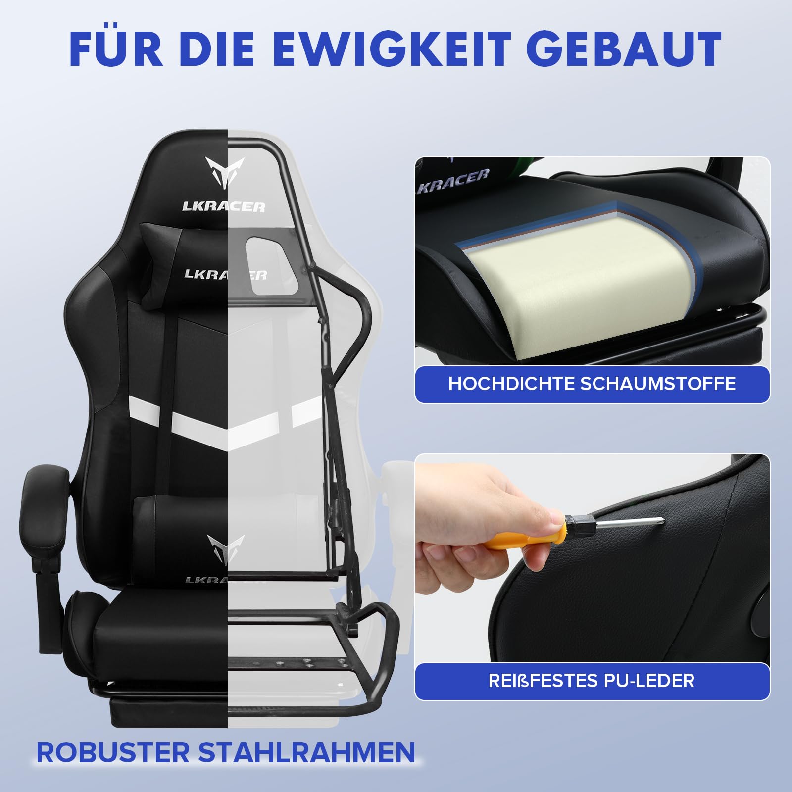 LUCKRACER Chaise de gaming avec repose-pieds, ergonomique, avec coussin lombaire réglable, oreiller, chaise de jeu, chaise gamer réglable en hauteur, charge maximale de 150 kg
