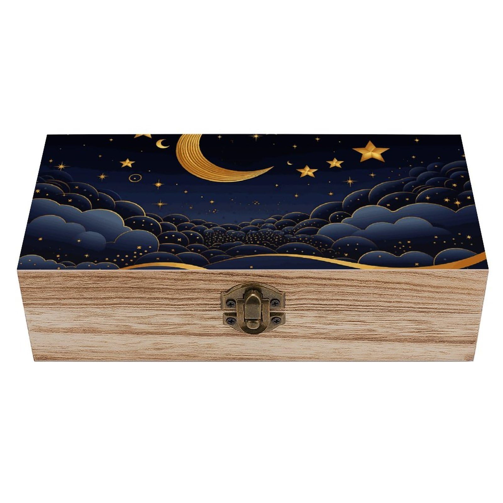 Wooden Storage Box There Are Stars And Moon on It Wood Gift Box with Hinged Lid Vintage Decorative Jewelry Boxes Memory Box for Jewelry Art Hobbies Home Storage Treasure Keepsake Gift 7.9''x3.9''x2.3