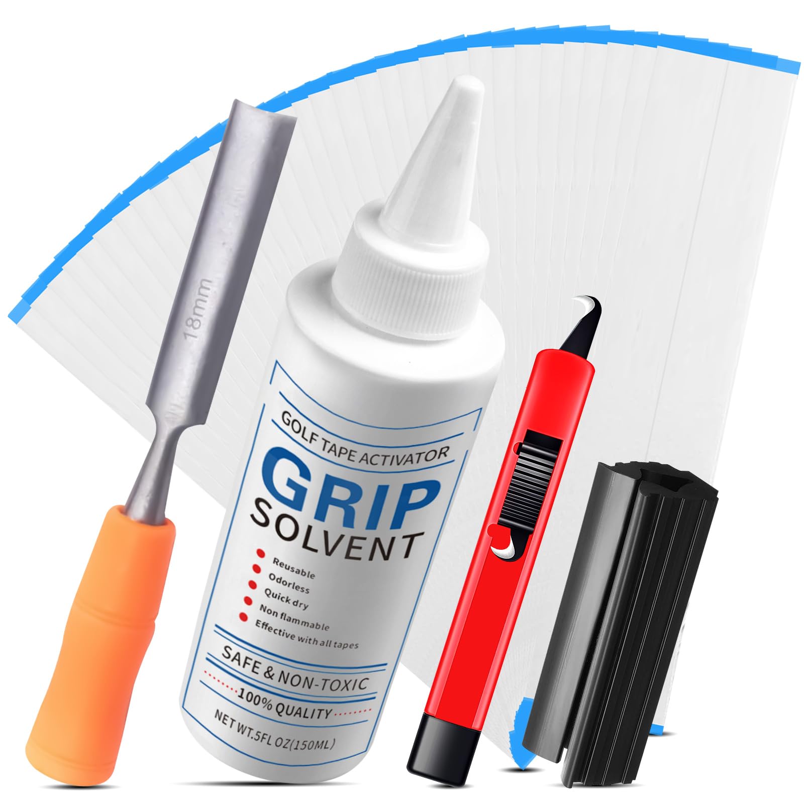Golfgriff-Sets zum Nachreißen von Golfschlägern, professionelle Qualität, inkl. Grifflösungsmittel, Golfgriff, 15 Streifen, Klebeband, Haken, Klinge, Gummi-Schraubstockklemme und