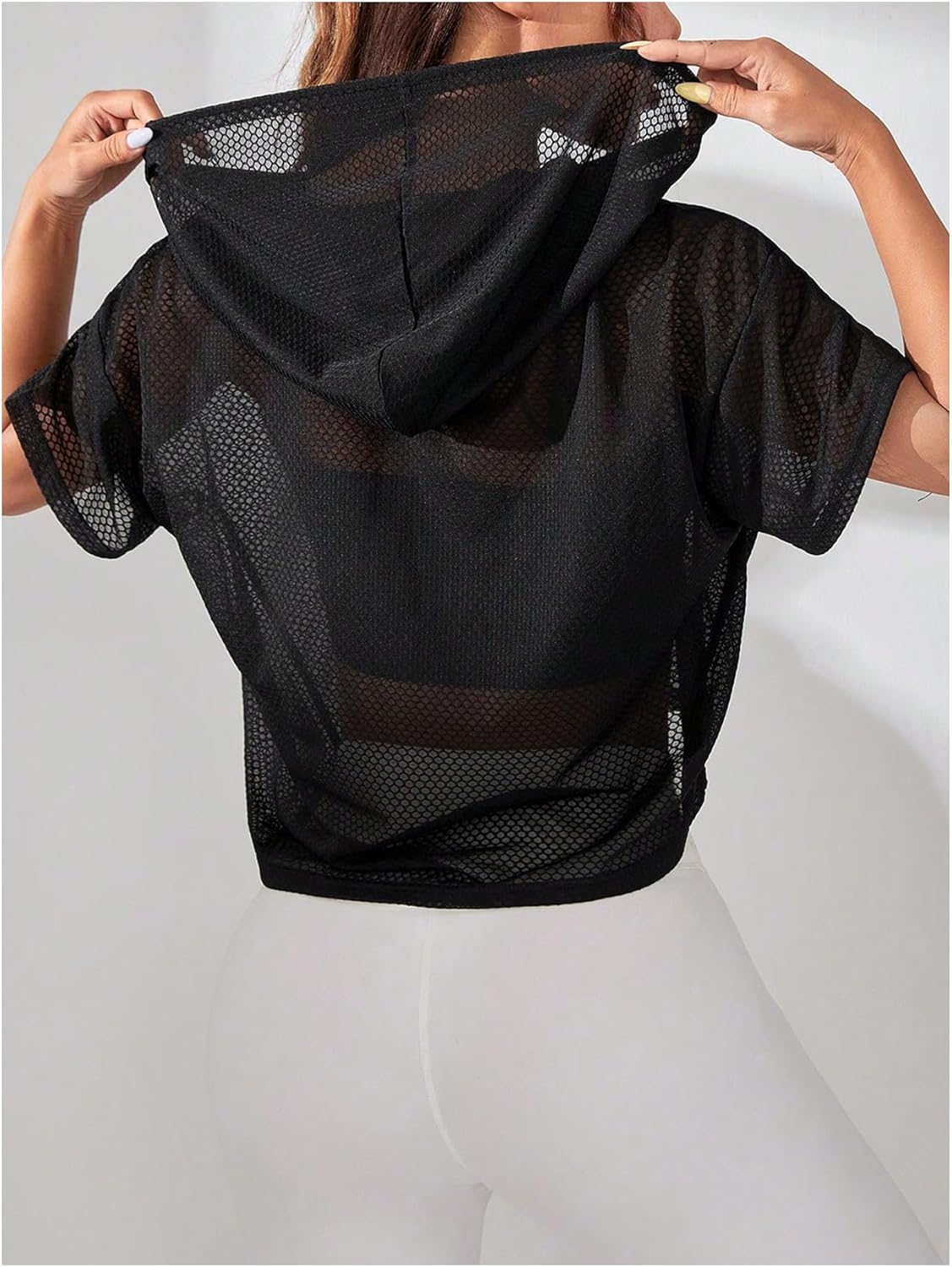 SweatyRocks Women's Short Sleeve Fishnet Hoodies Hollow Out Sports Workout Tops - Image 2