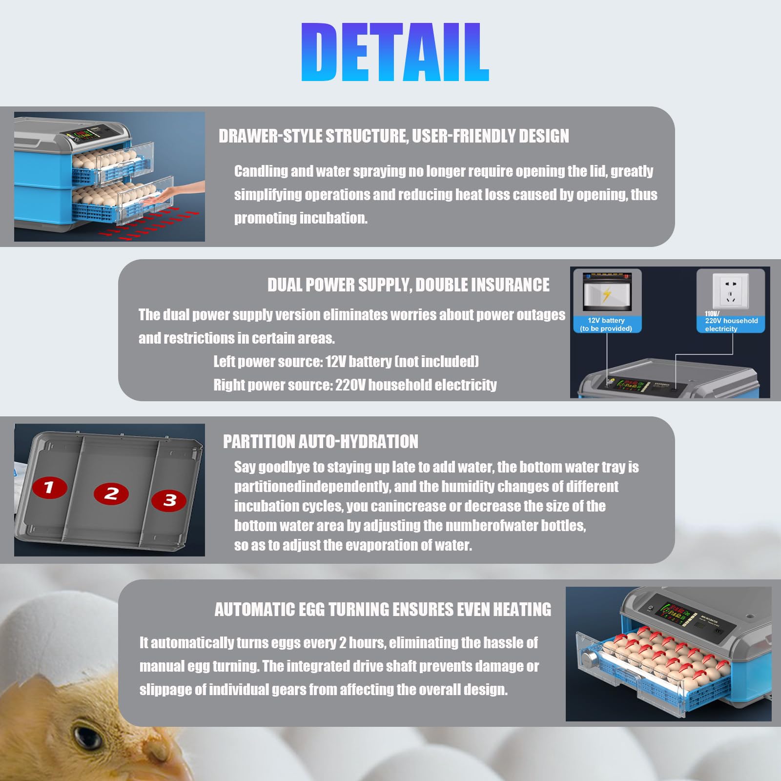 Incubadora Automática para 24 a 500 Huevos con Volteo Automático, Humidificación, Control De Temperatura Y Ovoscopio. 24eggs(singlelayer)