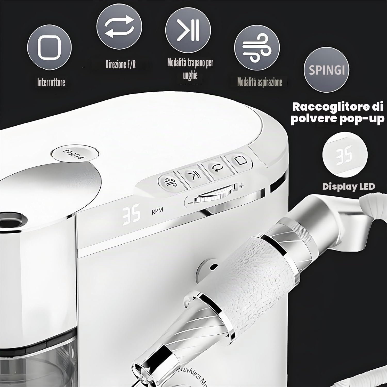 Aspiratore e Fresa Unghie 2-in-1 Professionale, 30.000 Giri/Min Motore Brushless, Silenzioso ≤68dB, Kit Manicure Elettrico per Nail Artist