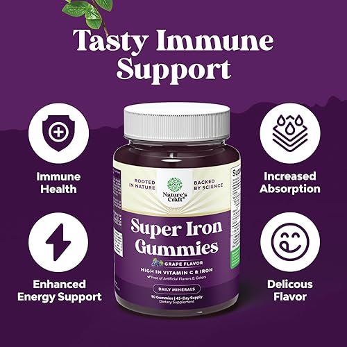 Miniatura 4 de Deliciosas gomitas de hierro para mujeres y hombres, suplemento de hierro suave de alta resistencia de 45 mg para mujeres y hombres con vitamina C