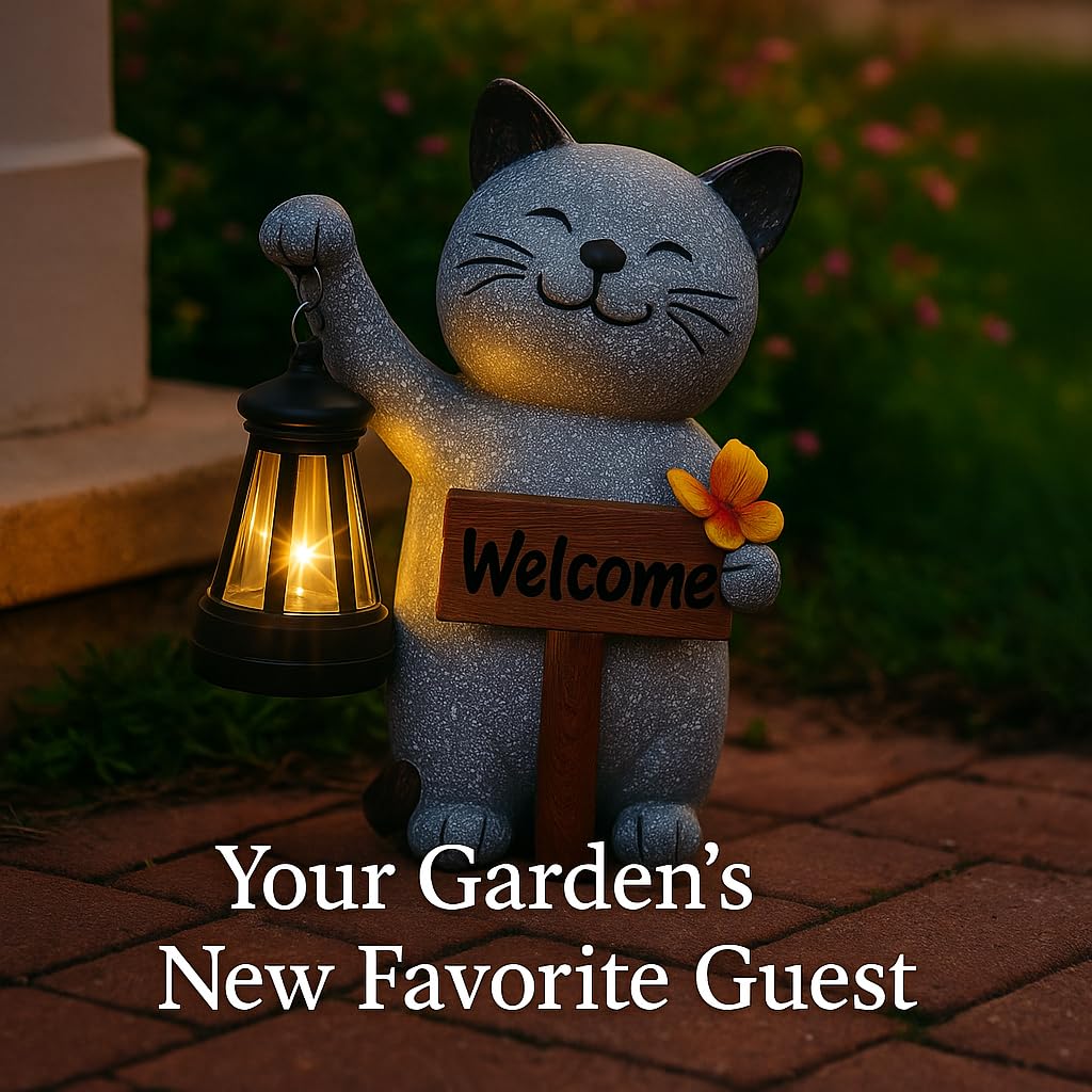 Friendly Solar Cat Garden Statue with Lantern, Resin Outdoor Welcome Sign Ornament Light Up Figurine for Porch Patio - Image 2