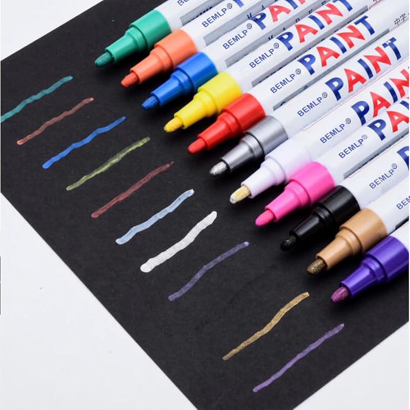 Kit de Canetas Marcadoras de Tinta para Pneus e Superfícies, Cores Variadas, Ponta Fina, Impermeáveis, BEMLP, 12 unidades